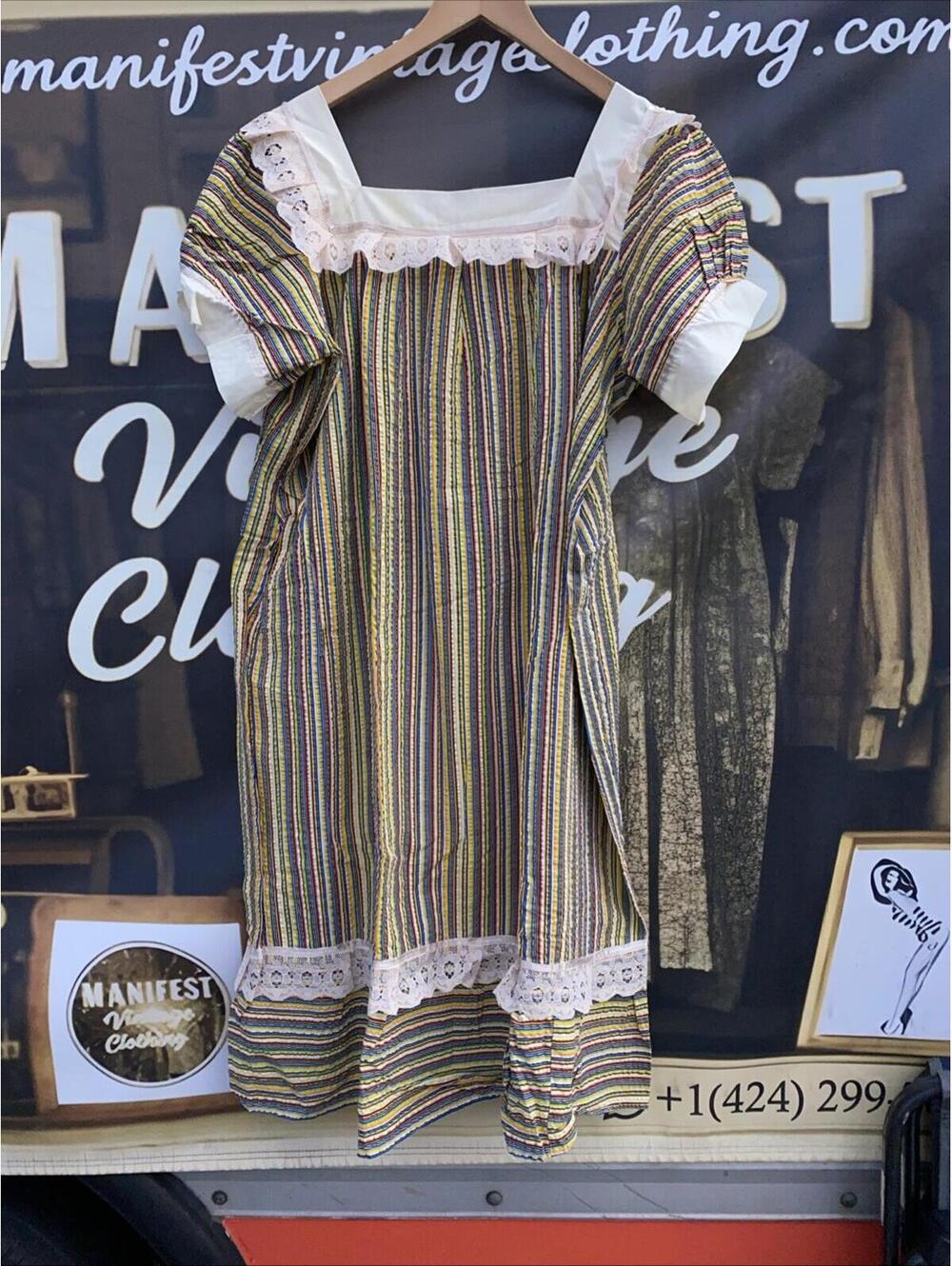 Vtg 1970’s Handmade Boho Prairie Style Pima Cotton Kaftan Dress W Lace M-XL